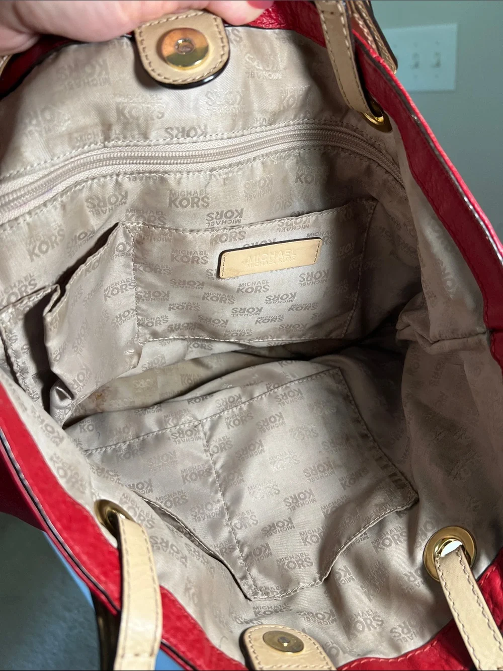 Michael Kors Red Leather Tote with Tan Handles and Gold MK Charm